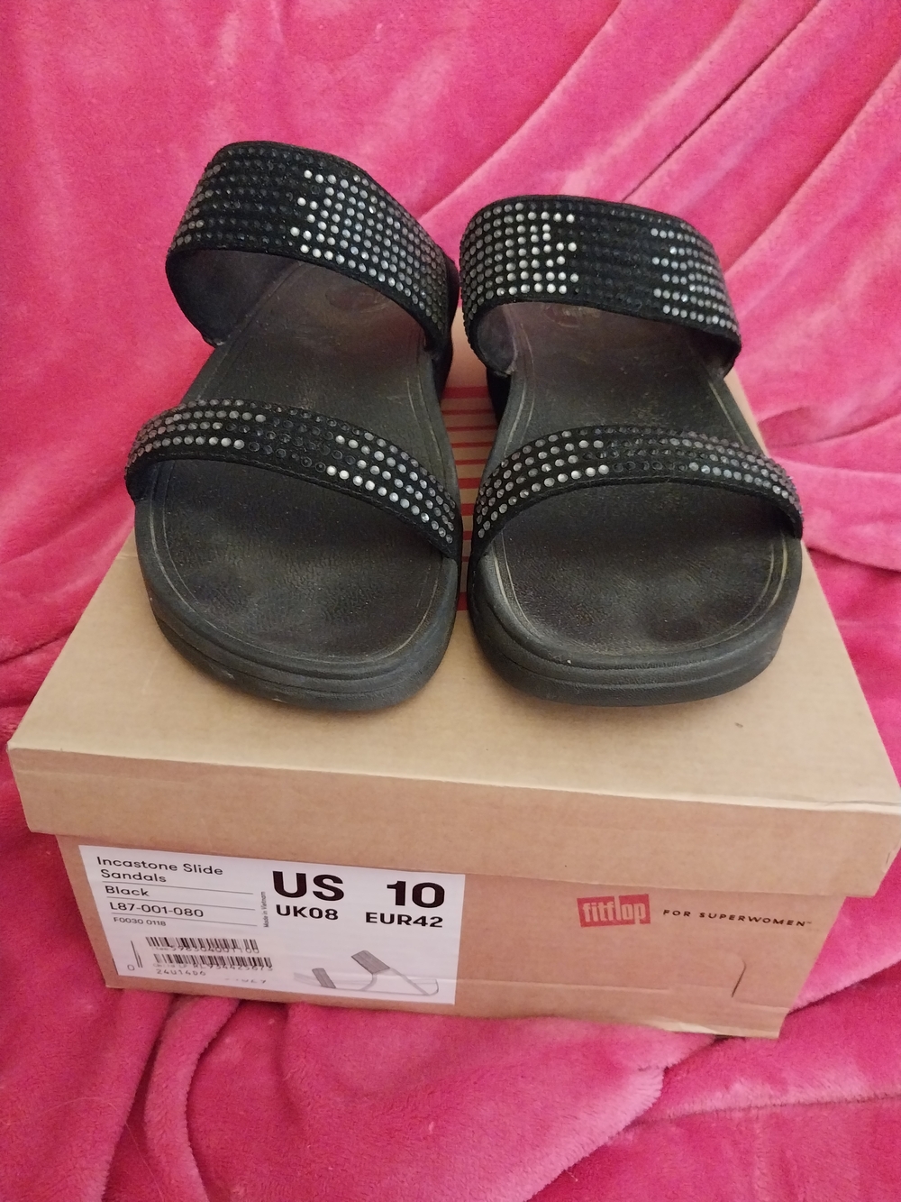 Women's Fitflop Black Double-Strap Slide Sandals with Stud Accents Size 10